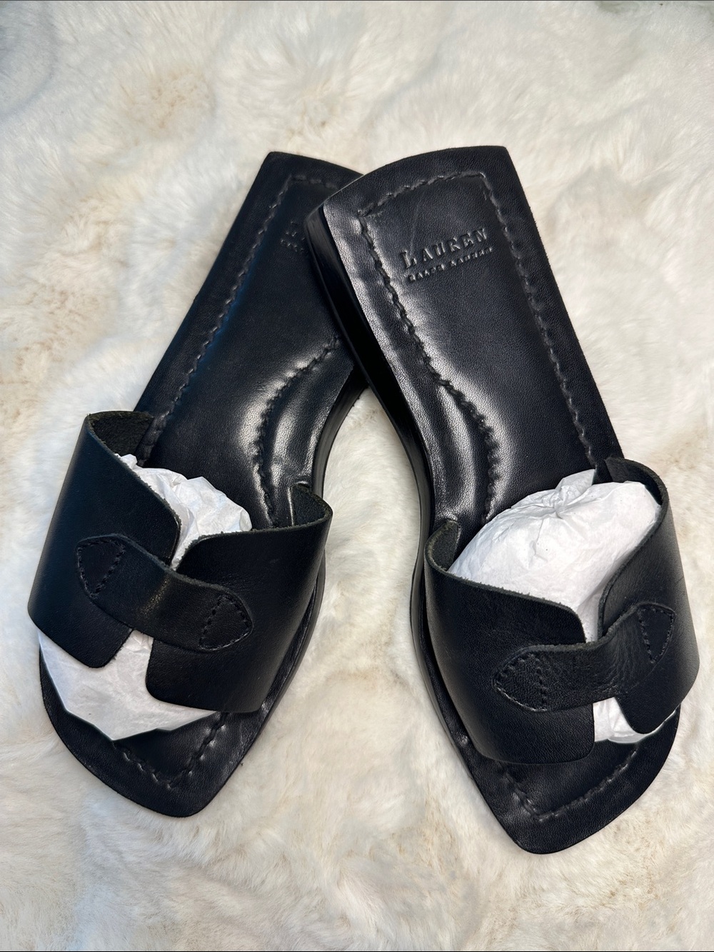Lauren by Ralph Lauren Square Toe Black Leather Slides
